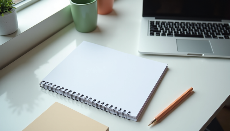 Eye-level view of a clean, modern media kit layout on a desk