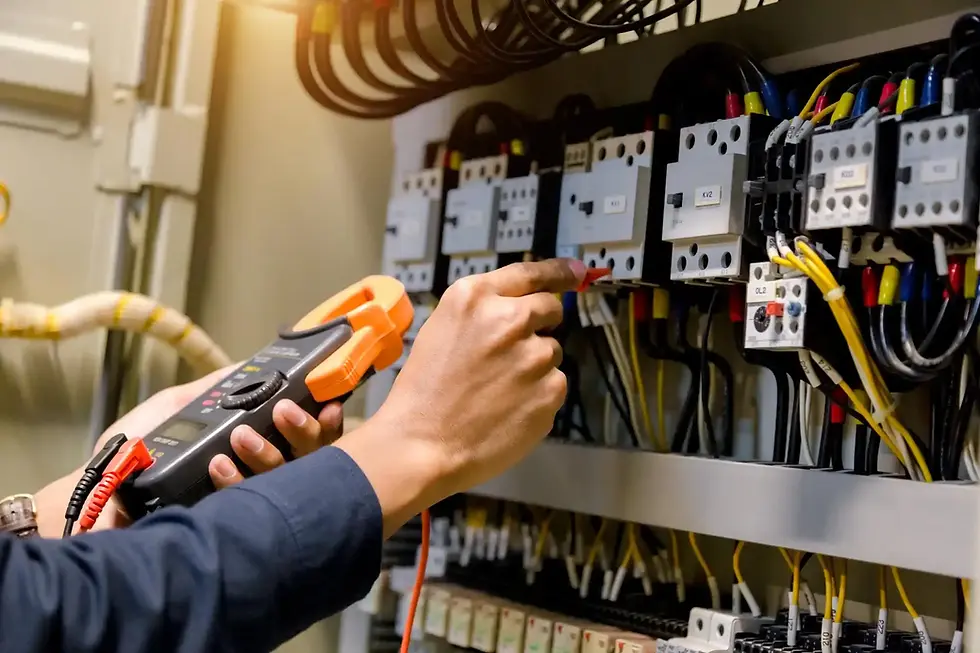 Technician inspecting electrical panel with meter, testing connections for accurate readings
