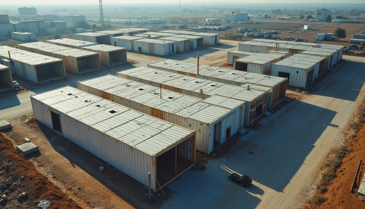 High angle view of modular building units being assembled at a construction yard