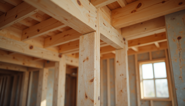 Close-up view of sturdy wooden beams in a construction site