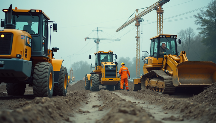 Eye-level view of a construction site with workers and machinery actively building a structure