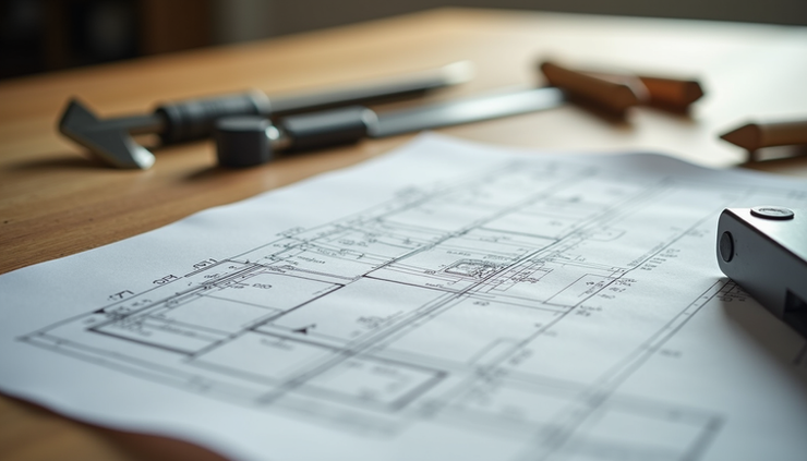 Close-up view of a construction blueprint and measuring tools on a wooden table