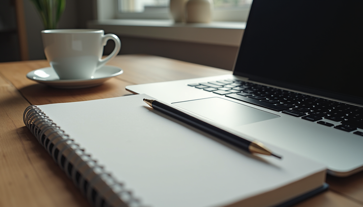 Eye-level view of a tidy workspace with a laptop, notebook, and coffee cup