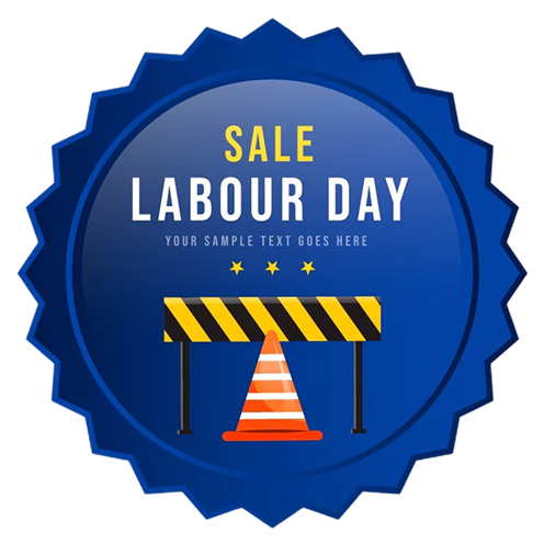 Labour Day Sale badge with construction barricade and cone