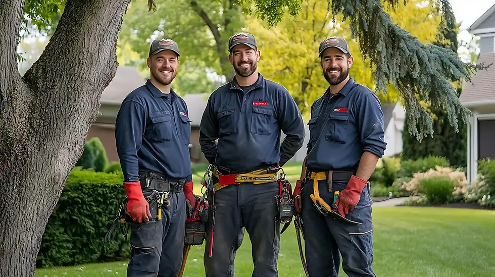 Three tree service professionals standing in front of a house yard with green trees.