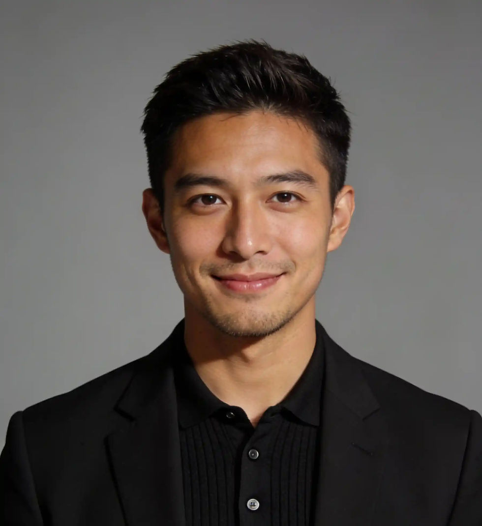 Smiling Asian man in black blazer, professional headshot portrait.