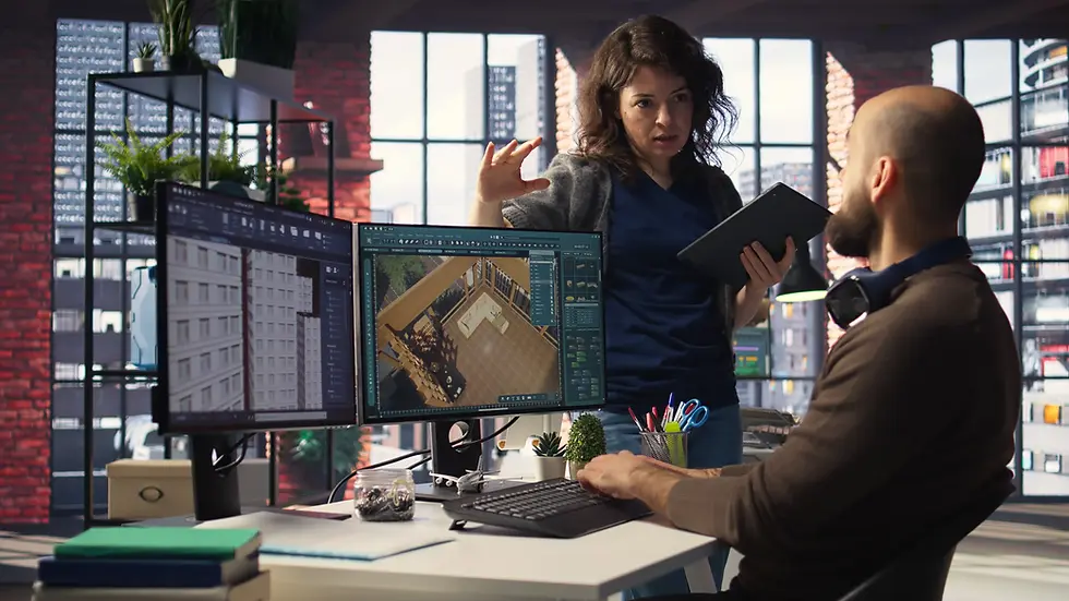 Colleagues discussing project on dual monitors in office