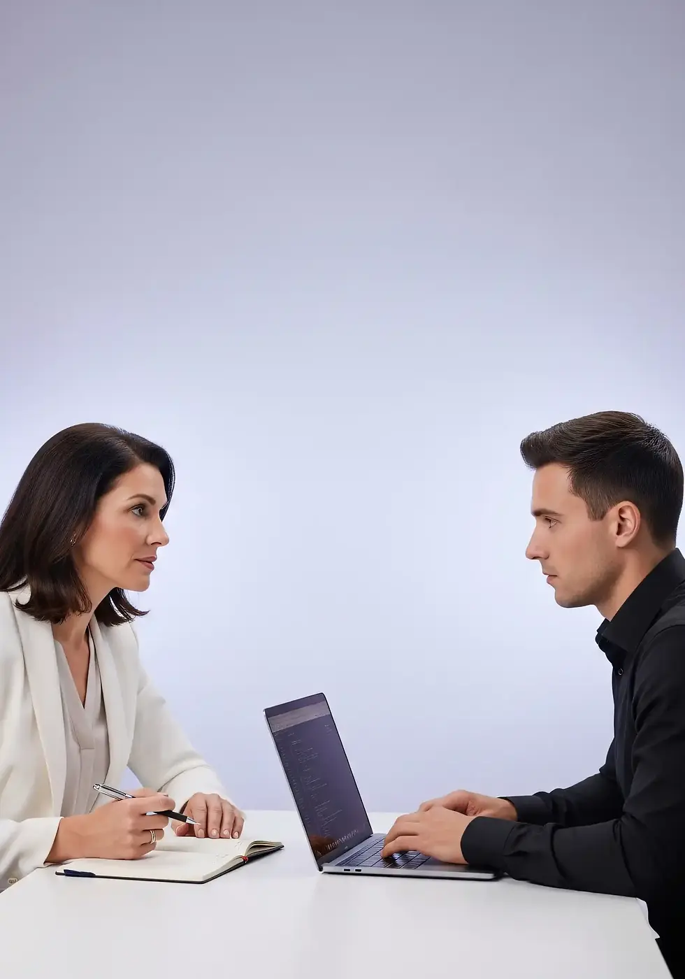 Professional woman interviews man using laptop, she takes notes.