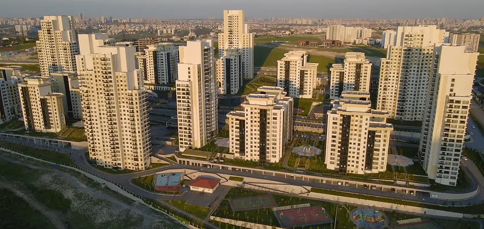 Aerial view of many identical buildings, modern architecture, near the city.