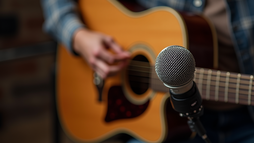 Close-up view of a condenser microphone positioned near an acoustic guitar