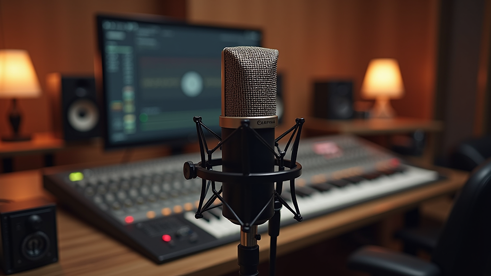 Close-up view of a condenser microphone positioned in a professional recording studio
