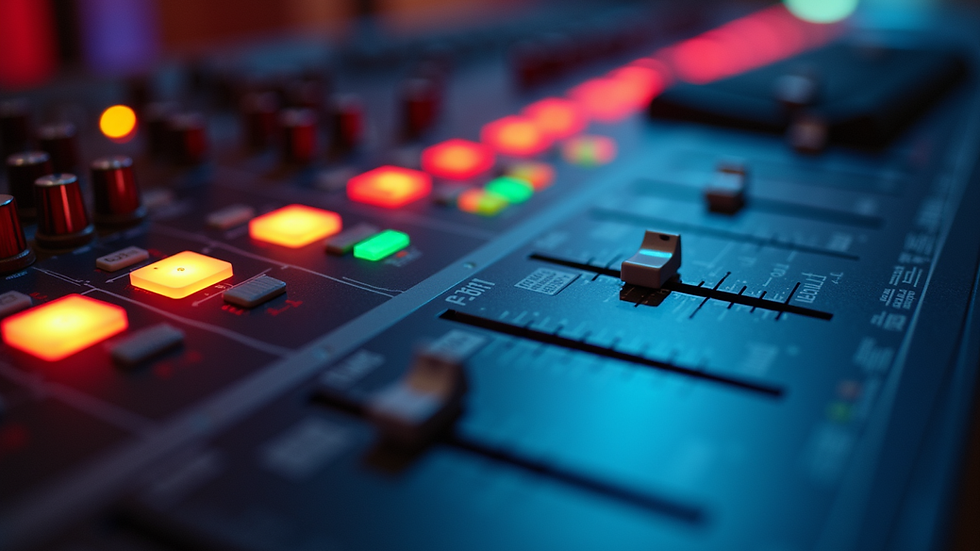 Close-up view of mixing console with colorful sound levels on display