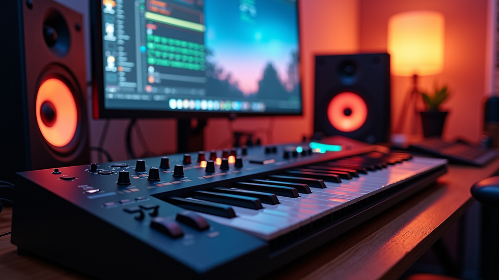 Eye-level view of a modern music studio setup with a computer and MIDI keyboard
