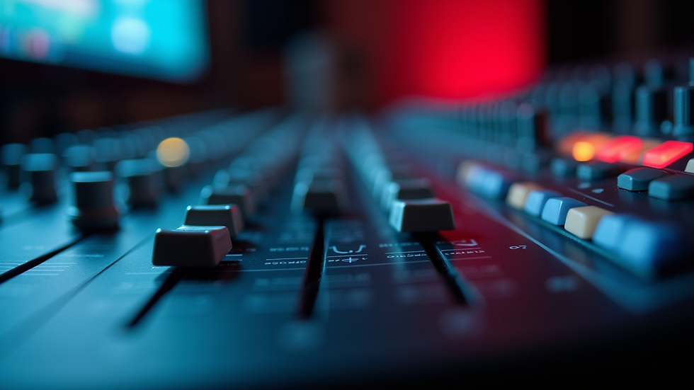 Close-up view of mixing console with faders and knobs