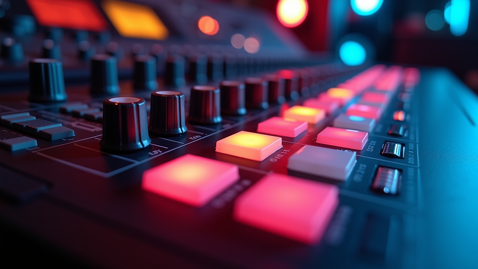 Close-up view of a mixing console with colorful LED lights