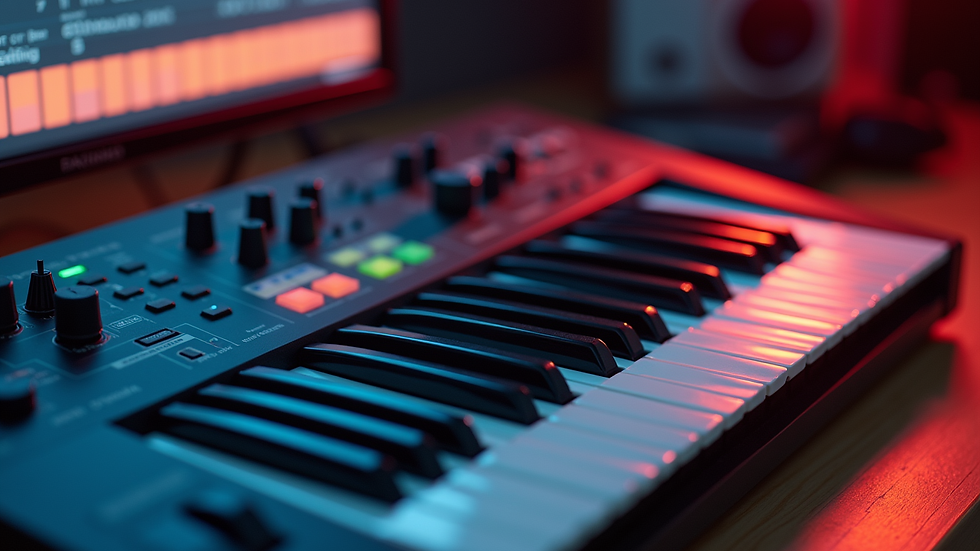 Close-up view of a MIDI keyboard and audio interface on a desk