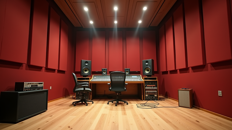 Eye-level view of a recording studio with acoustic panels on walls