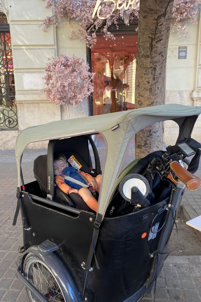 baby sleeping in cargo bike