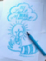 Drawing in blue of a hand with a lightbulb