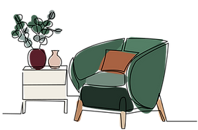 Illustration of a one seater cosy chair with side table, vase and plants