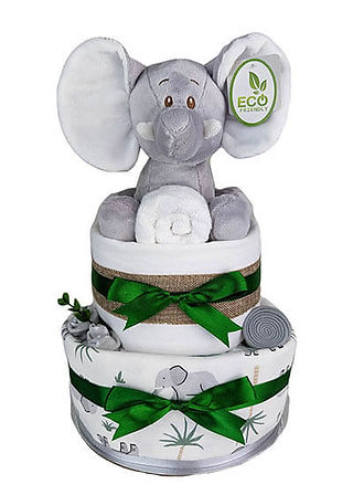 Unisex elephant nappy cake in green and grey