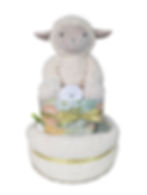 Two tier baby girl nappy cake with lamb plush toy in gold