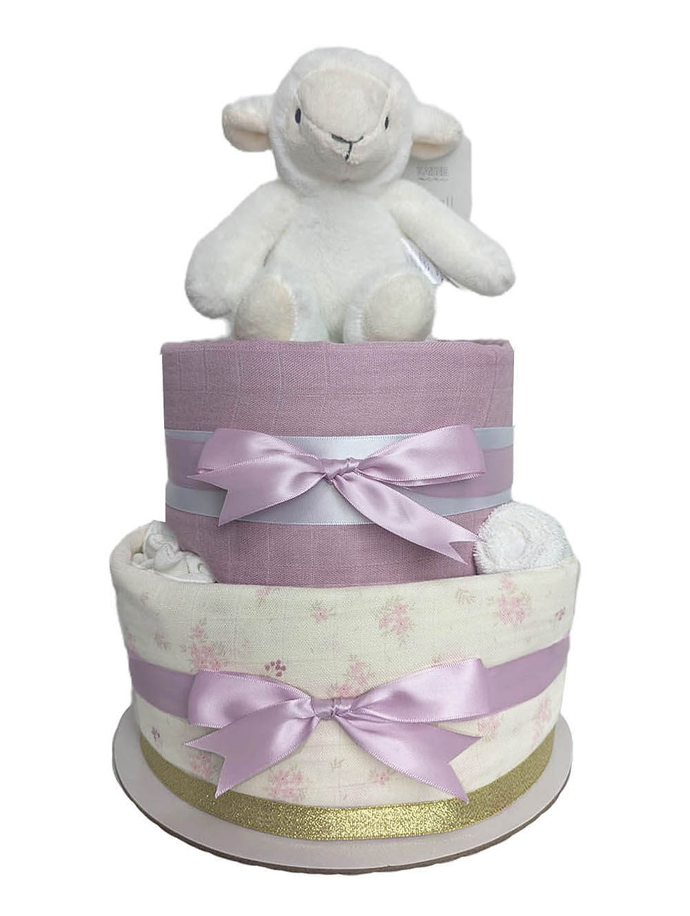 Purple and gold lamb nappy cake for baby girl