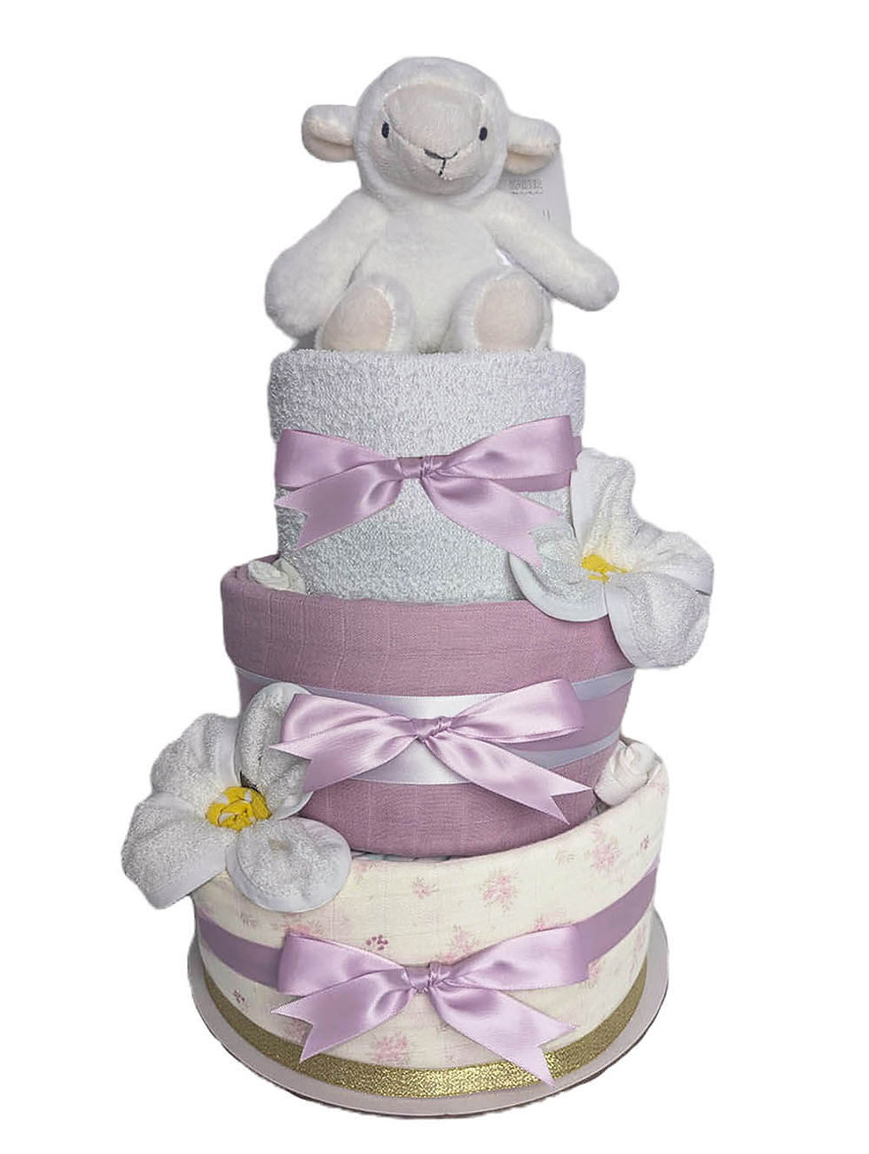Purple and gold lamb nappy cake for baby girl