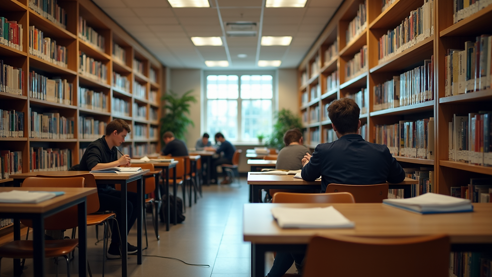 Wide angle view of a library study area filled with students studying