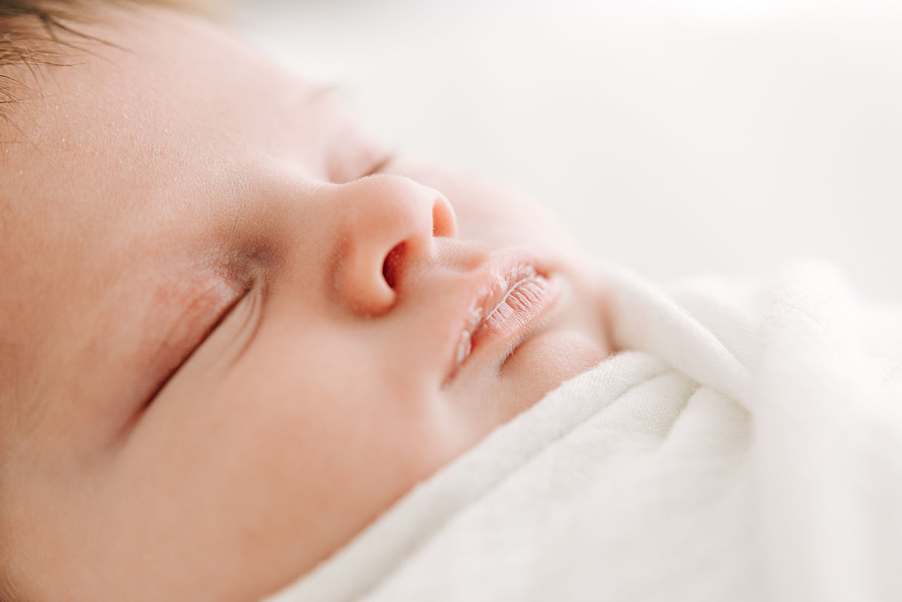 Close-up newborn baby portrait during a newborn session in Guelph, Ontario with soft neutral styling