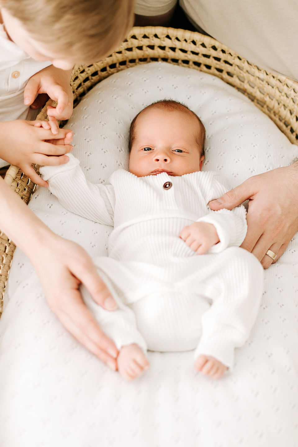 Family connection moment during a newborn session in Guelph, Ontario featuring newborn baby in basket with soft, natural styling