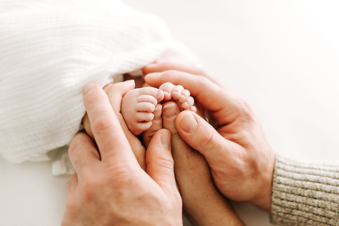 Close-up portrait of newborn baby's tiny feet during a studio newborn session in Guelph, Ontario with soft, natural styling