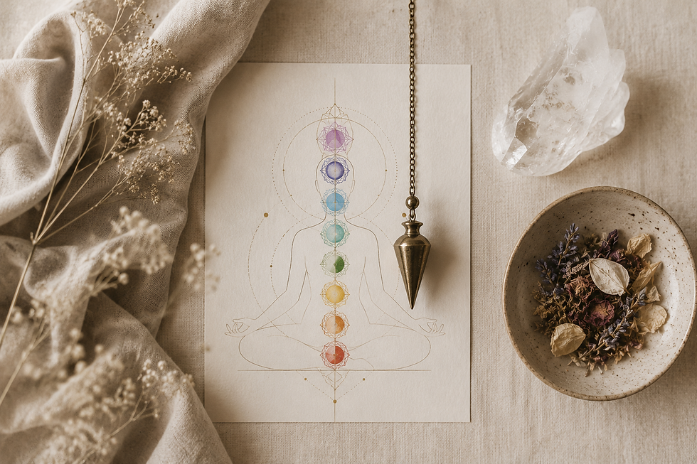 pêndulo e gráfico dos chakras em alinhamento de reiki
