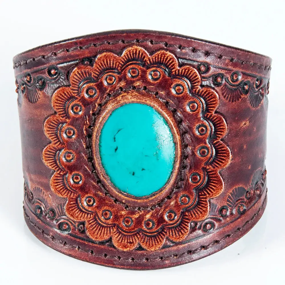 Stamped Leather Cuff Bracelet with Turquoise Stone - Western Style