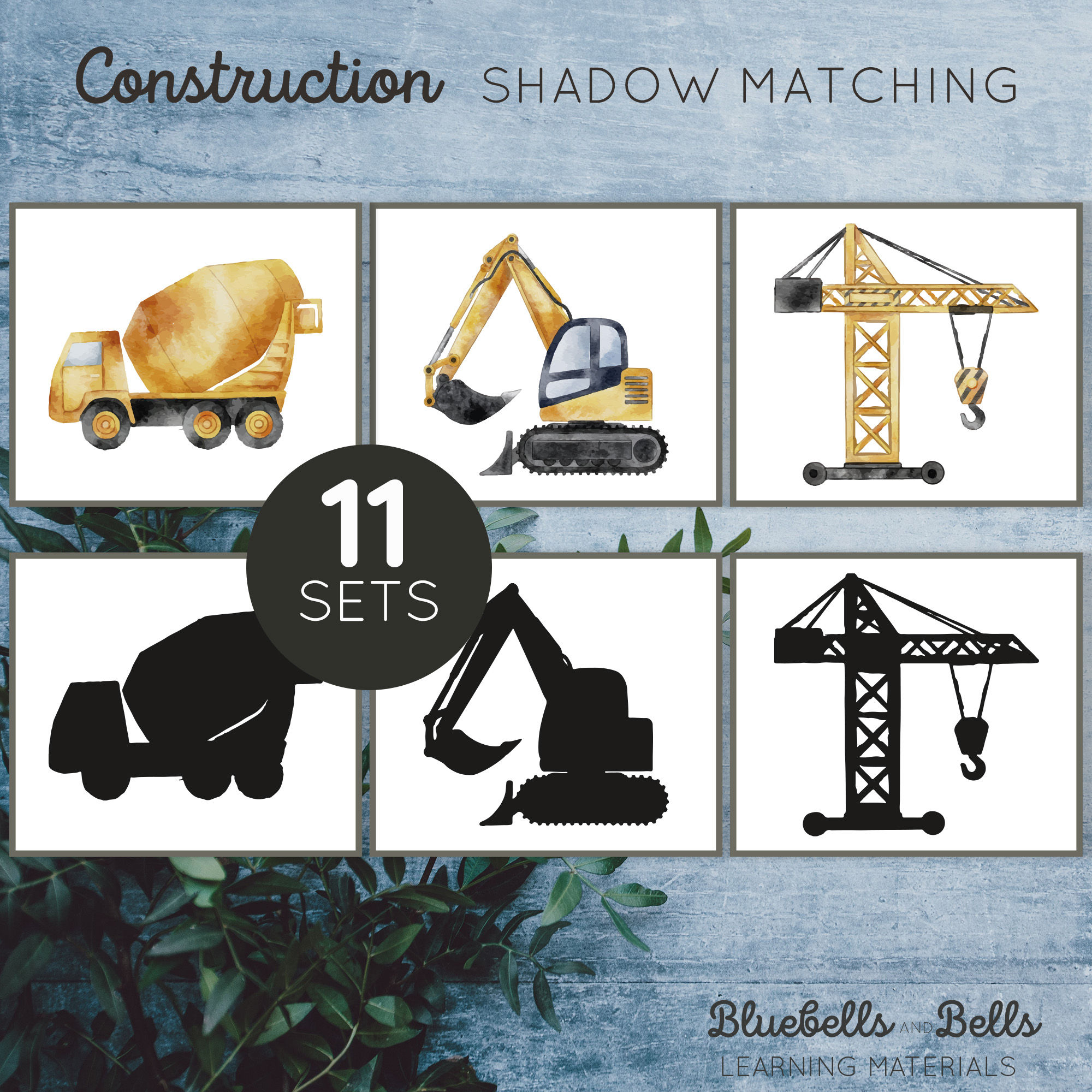Toddler printable Construction Shadow matching cards