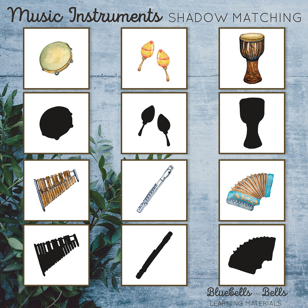 Montessori printable Music instruments Shadow matching cards