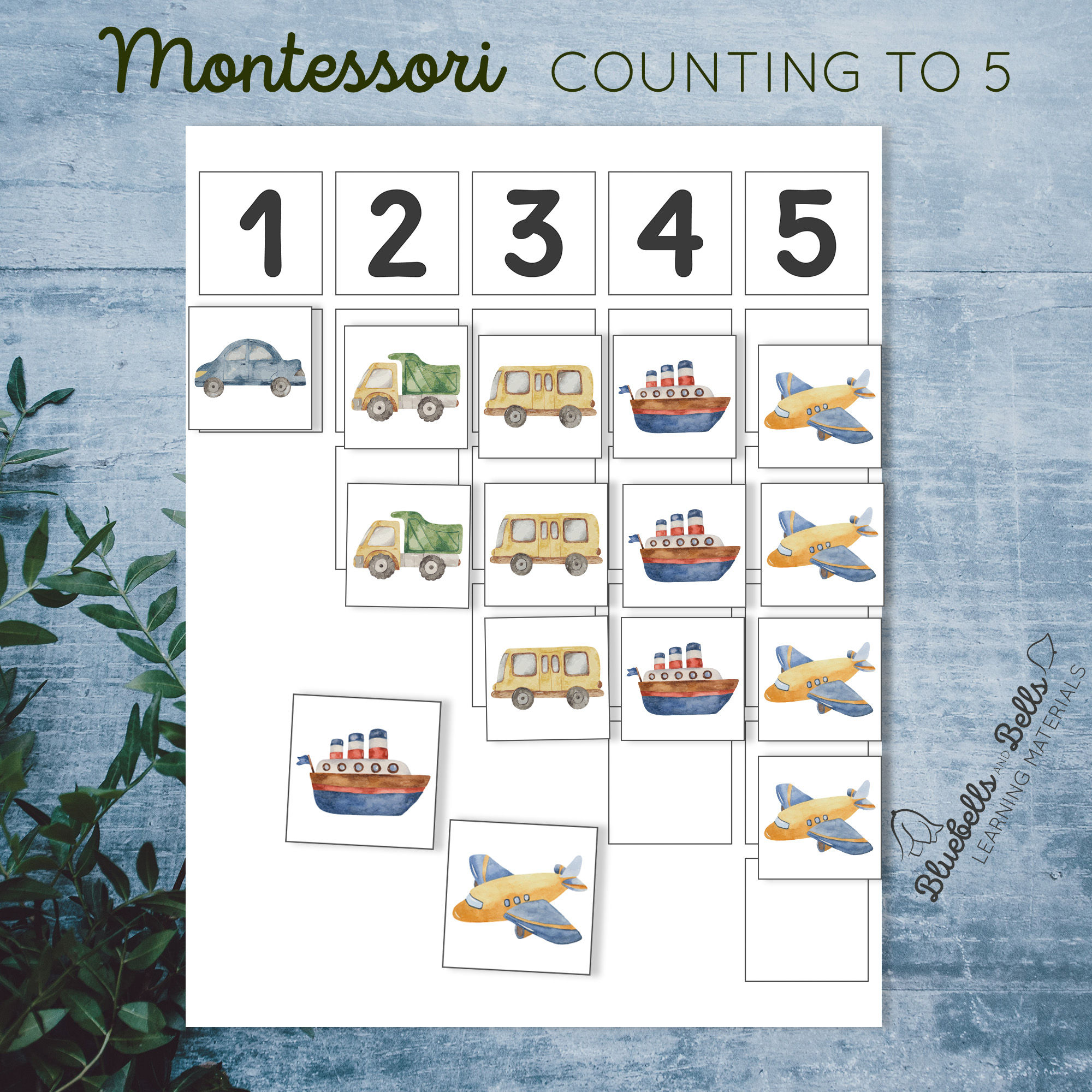 Montessori toddler printable Counting Vehicles 1-5
