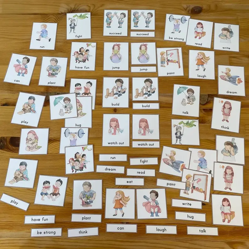 Thumbnail: Verbs 3-part cards. Montessori printable.