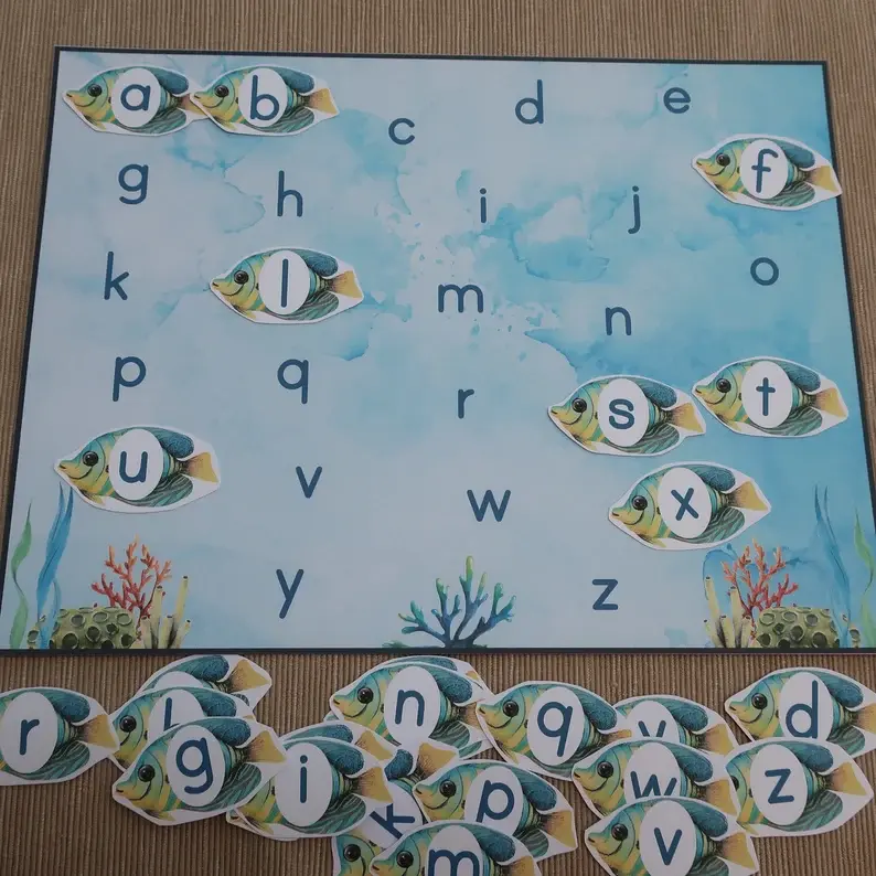 Thumbnail: Printable ocean-themed Alphabet matching activity for toddlers and preschoolers. Features uppercase and lowercase mat & cards