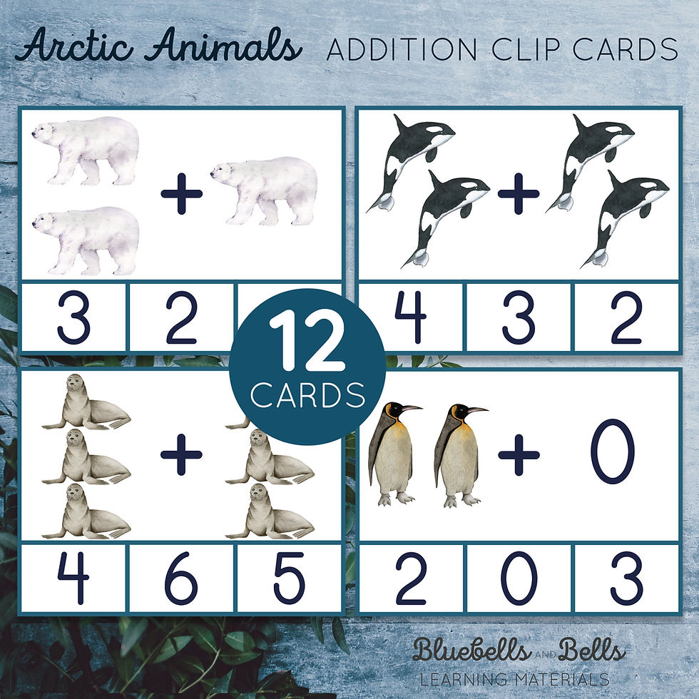 Arctic animals Addition Clip cards. Montessori winter printable.