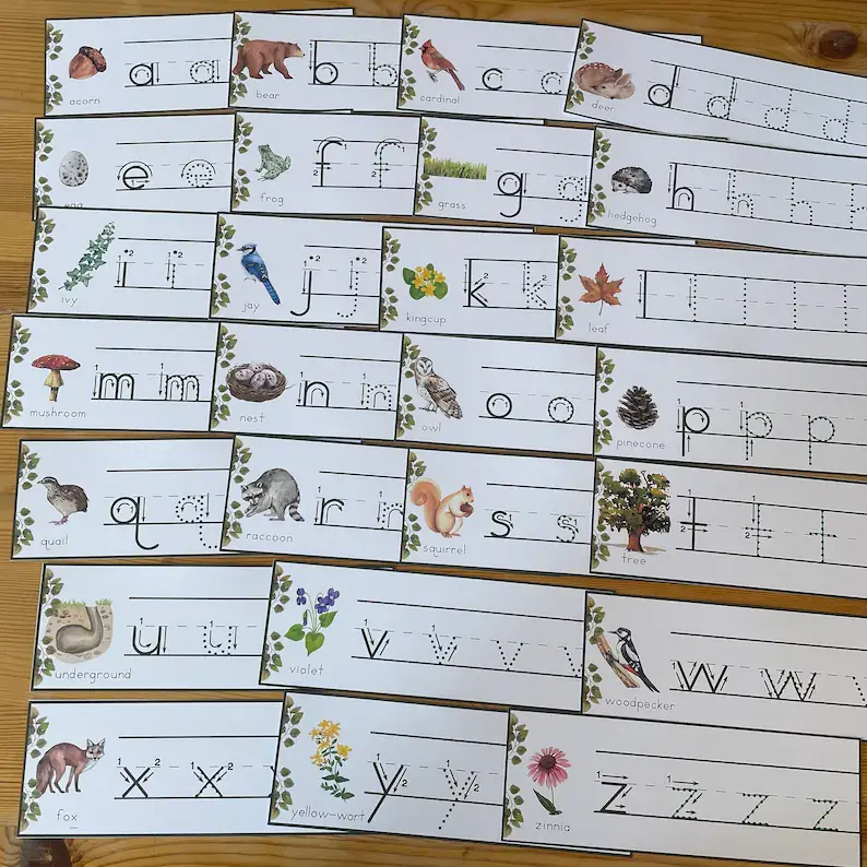 Thumbnail: Alphabet tracing worksheets. Woodland letter cards.