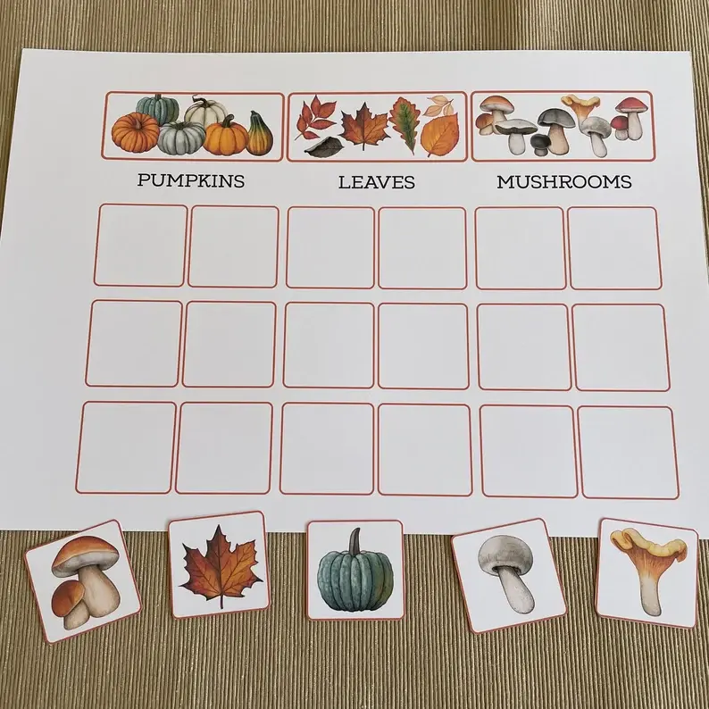 Thumbnail: Fall preschool Montessori printable category sorting activity. Toddler matching