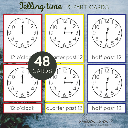 Telling time Montessori 3-part cards Words | Bluebellsandbells