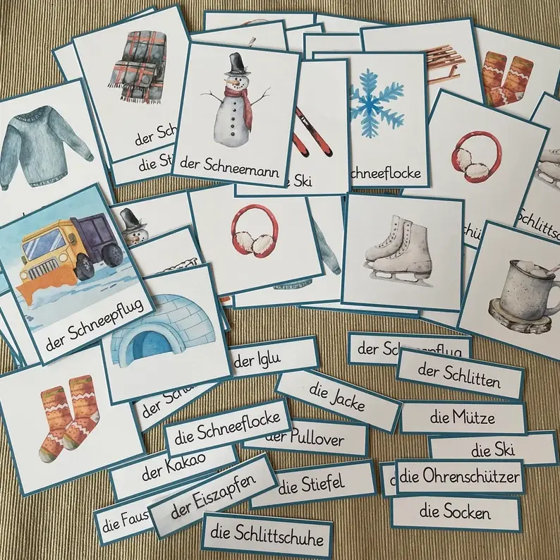 Thumbnail: Winter Bildkarten Kindergarten Montessori 3-teilige Karten.