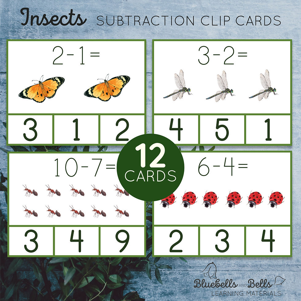 Insects Count and clip cards Subtraction 1-10. Kindergarten math printable.