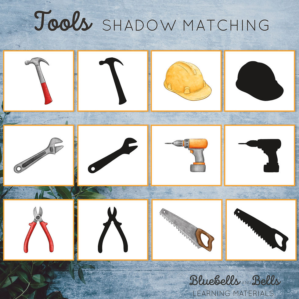Toddler printable Shadow matching cards Tools