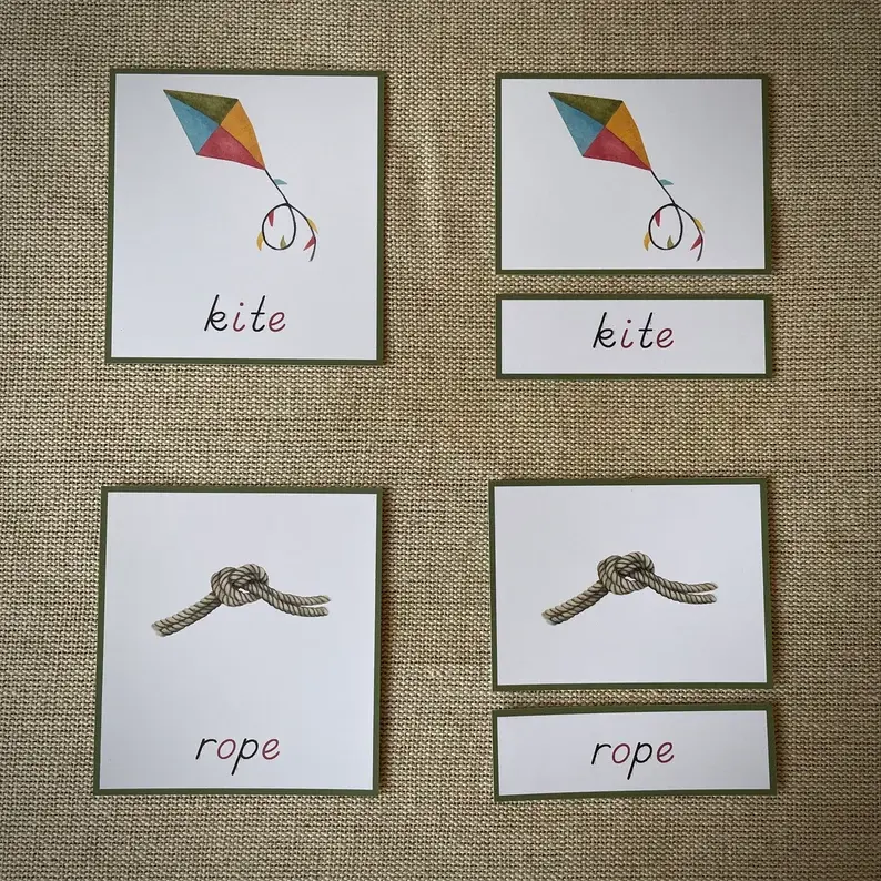 Thumbnail: Silent E words 3-part cards. Montessori green series printable.