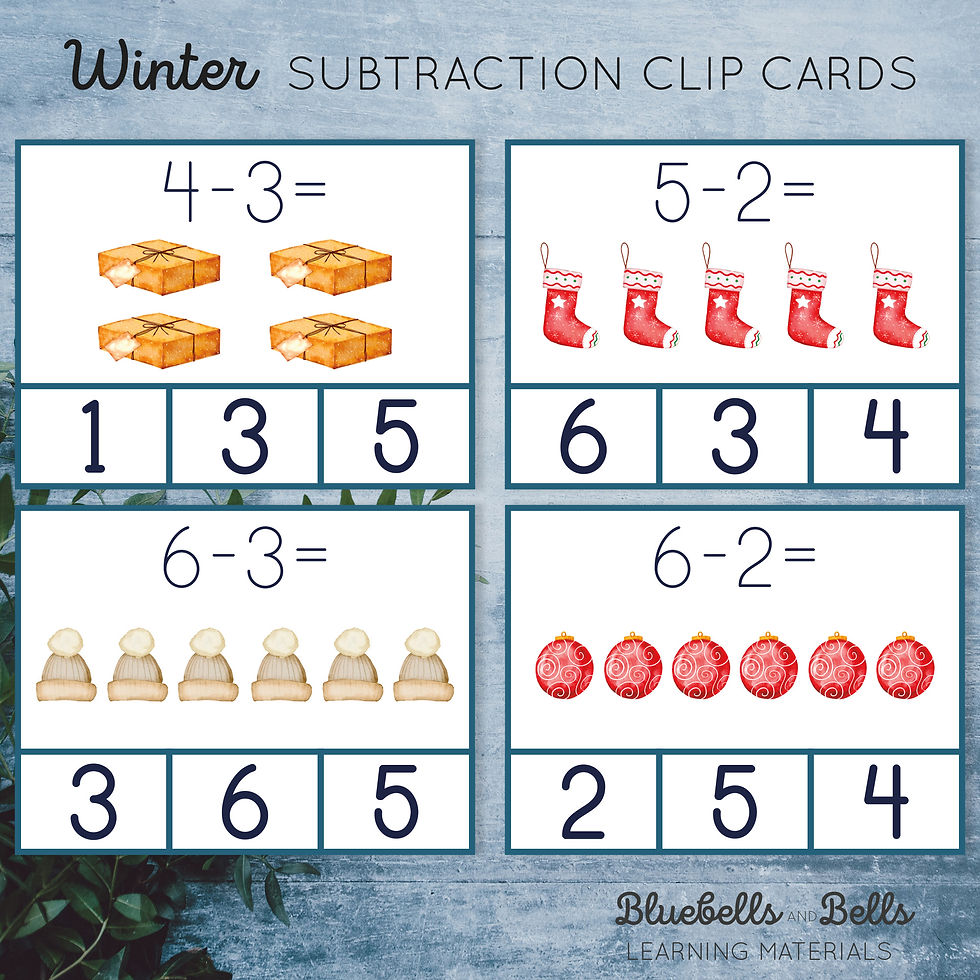 Thumbnail: Winter kindergarten printable Subtraction to 10 Clip cards