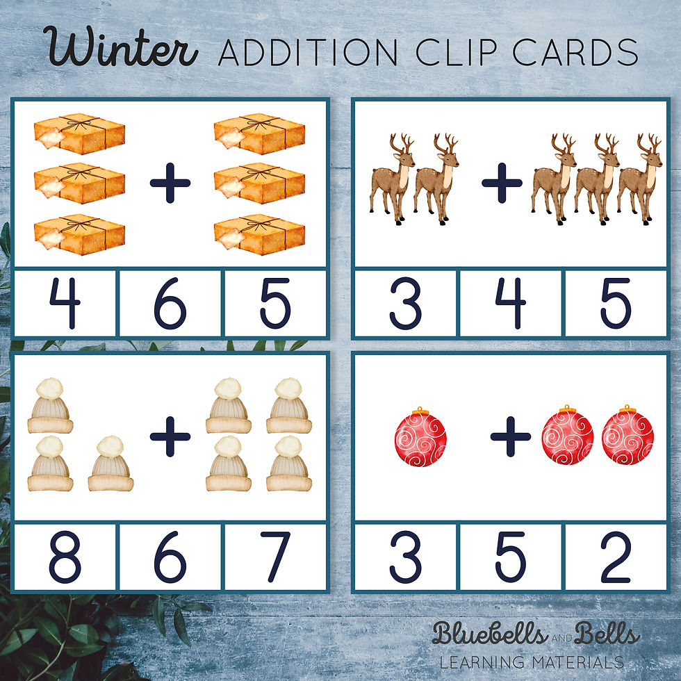 Winter kindergarten printable Addition clip cards to 10