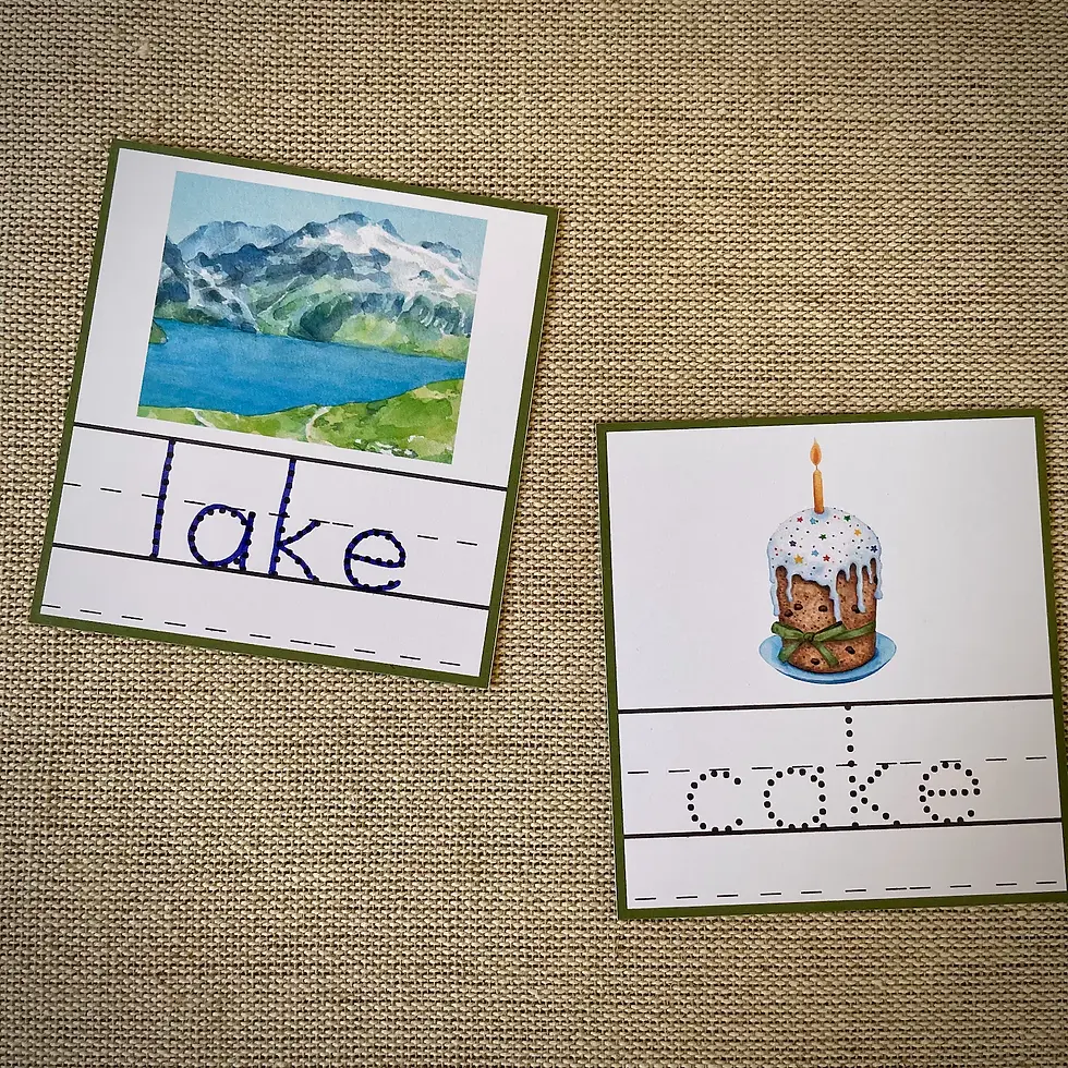 Thumbnail: Silent E word Cards for tracing. Montessori Green Series handwriting printable.